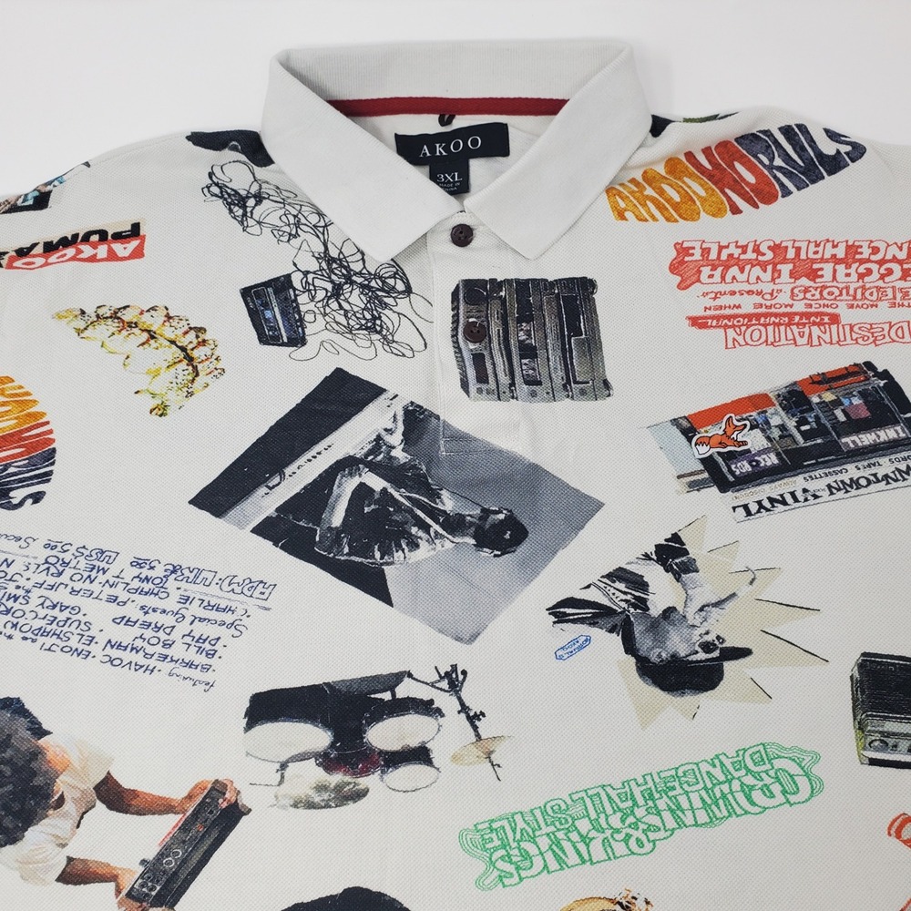 AKOO Polo Shirt Mens 3XL (FIT 2XL) All Over Music Graphic White Short Sleeve